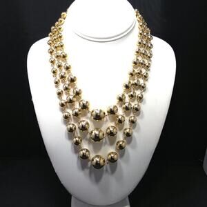 Vintage Gold Bead Three Strand Necklace, Rosary Style Wire, 1950s, 18 Inches